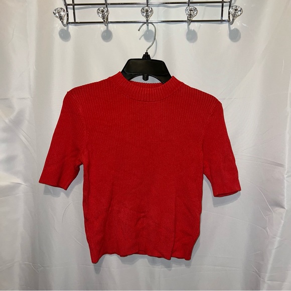 “Watermelon” Red Mock Neck Crop Ribbed Knit Top - Picture 2 of 5